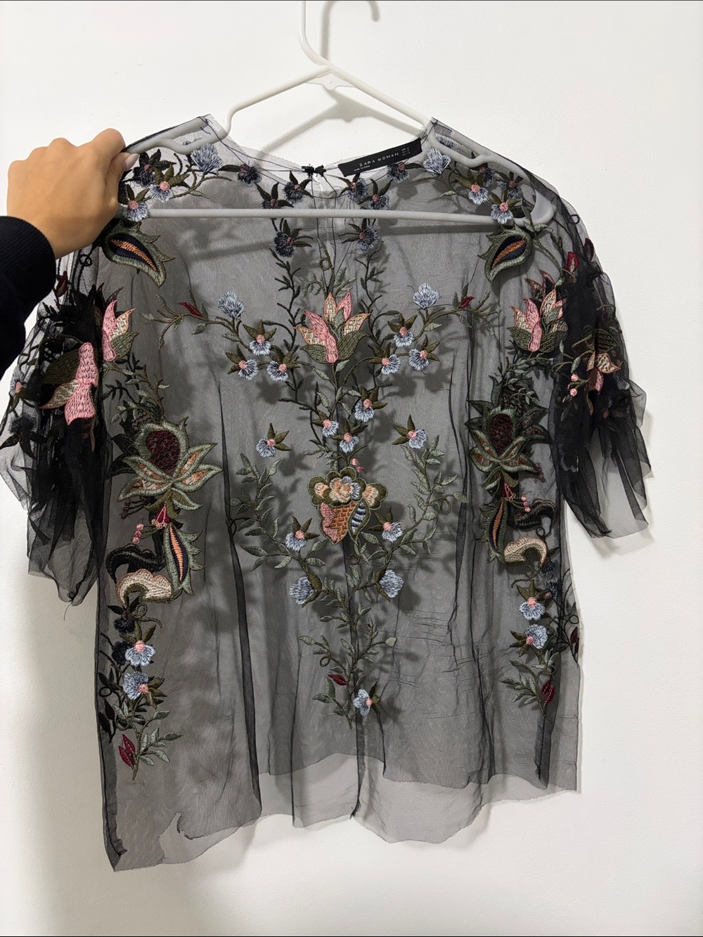 Zara Black Sheer Embroidered Floral Blouse